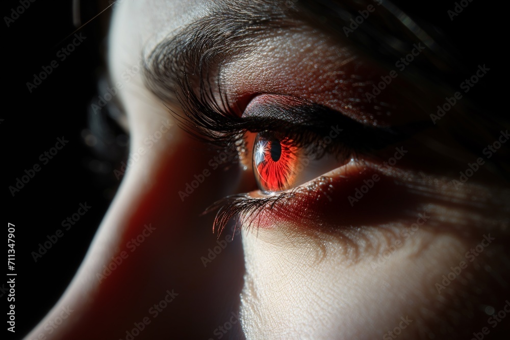 Woman's red eye in the dark. Piercing eyes. Burning demonic eyes. Copy