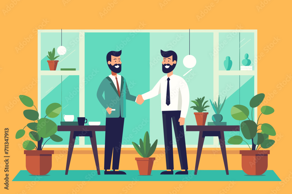 Meeting of businessmen and women. Vector cartoon illustration in a modern flat style of two busness men, women in suits shaking hands. Meeting of businessmen and women. Vector cartoon illustration in a modern flat style of two busness men, women in suits shaking hands.