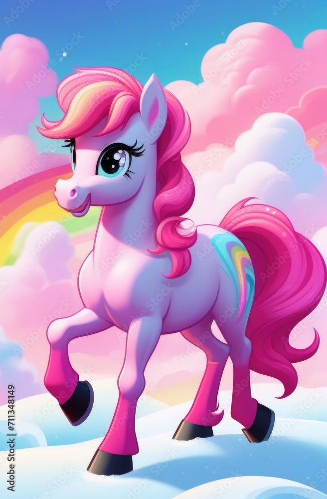 pink funny pony. pink pony against rainbows and clouds
