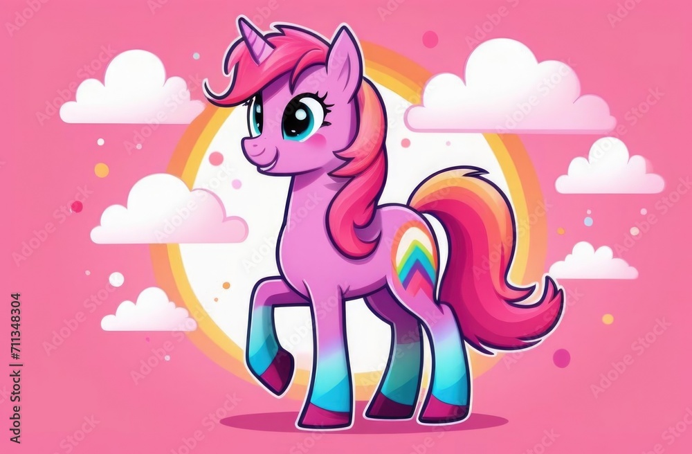 pink merry unicorn. pink unicorn on a background of rainbows and clouds	