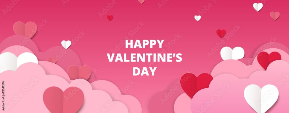 Happy Valentine's day banner with paper cut hearts and clouds. Pink background.