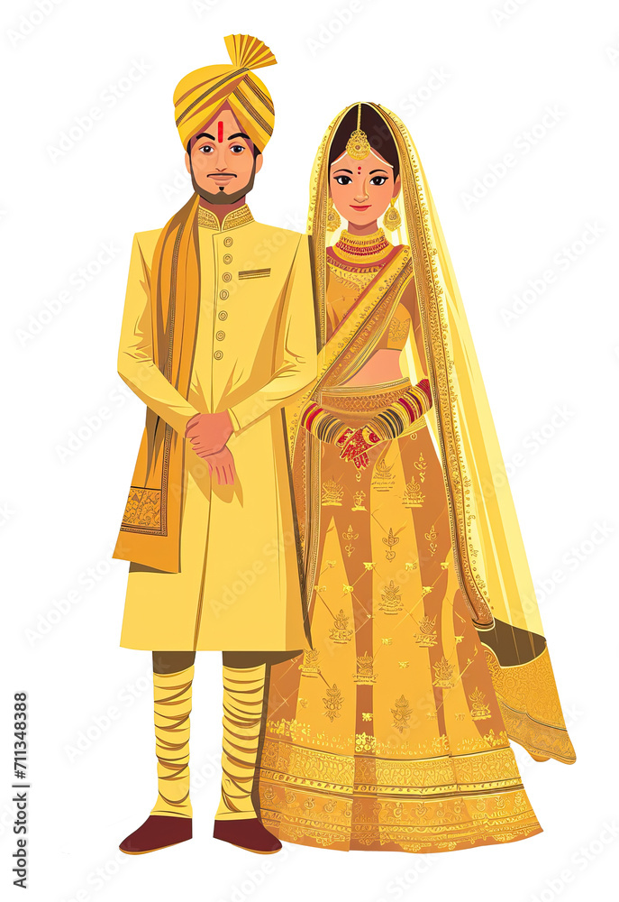 Indian wedding couple in golden traditional attire isolated on transparent background