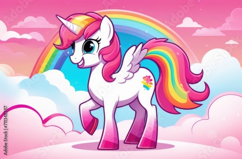pink merry unicorn. pink unicorn on a background of rainbows and clouds 