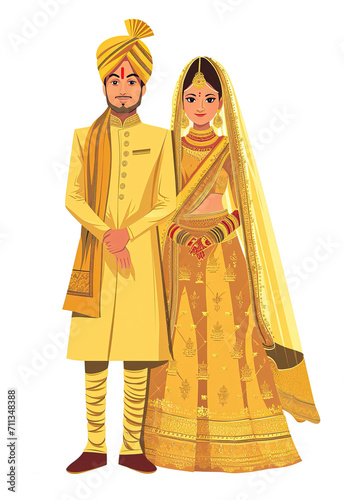 Indian wedding couple in golden traditional attire isolated on transparent background