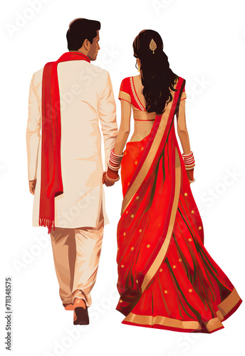 Indian wedding bride & groom back view isolated on transparent background