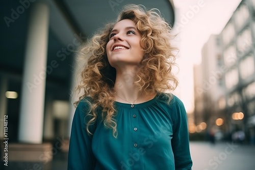 Portrait of a beautiful young woman with curly blond hair in the city