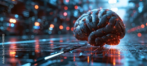 A futuristic model of the human brain connected to a digital network. An illustration of futuristic artificial intelligence and technology development. The introduction of digital technologies and AI