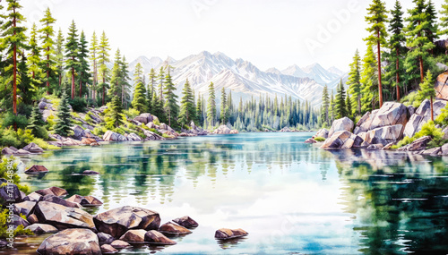 A watercolor painting of a calm lake surrounded by trees and rocks
