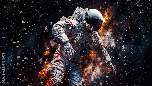 An astronaut in a white spacesuit with a red and black galaxy background