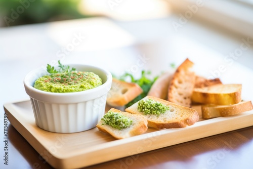 bright, daylight shot of fava dip with toasted bread