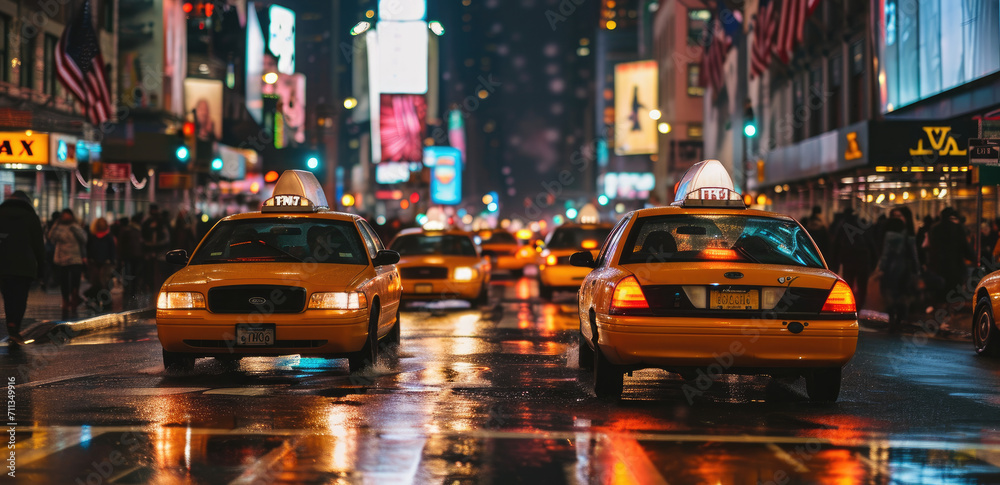 new york cabs on the street at night