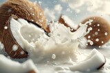 coconut milk levitates in the air among the coconuts, 8K, sky, backgrounds