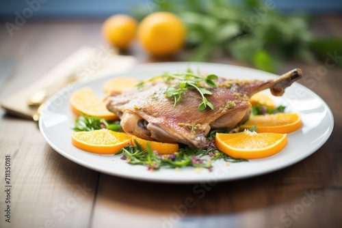 duck confit on a plate with orange slices and herbs