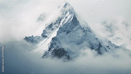A snowcovered mountain peak enveloped in a thick blanket of fog, creating a mystical and mysterious backdrop. photo