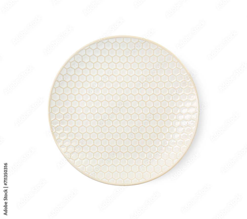 One clean ceramic plate isolated on white, top view One clean ceramic plate isolated on white, top view