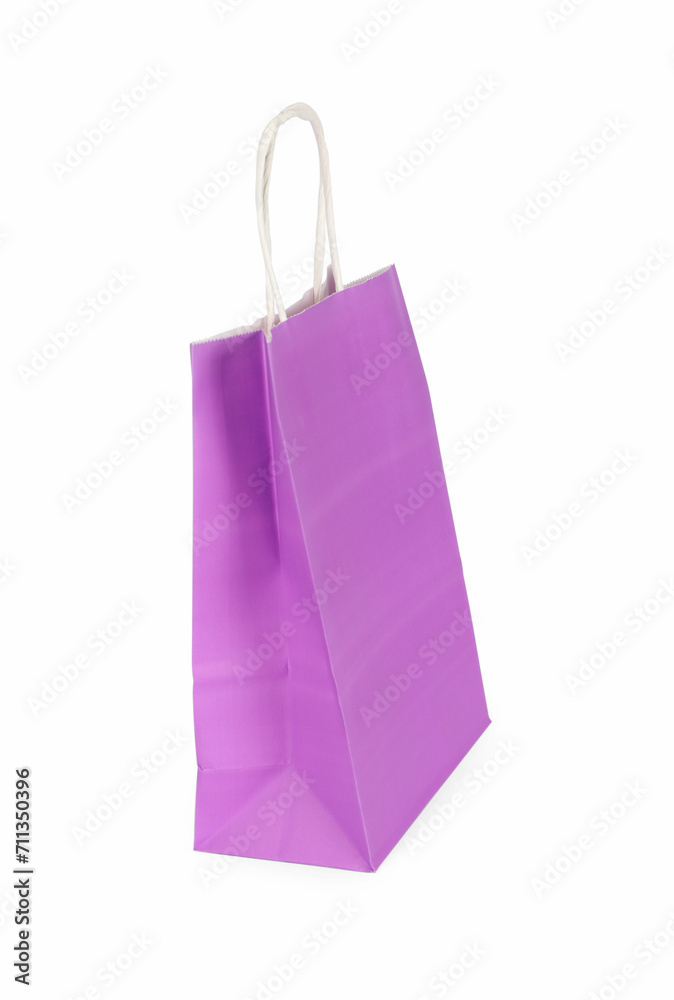 One lilac paper shopping bag isolated on white