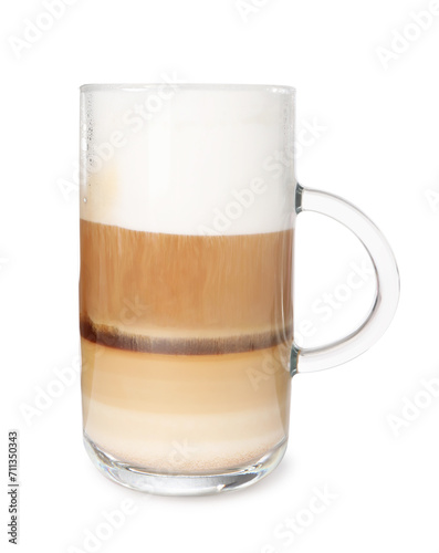 Aromatic latte macchiato in glass cup isolated on white