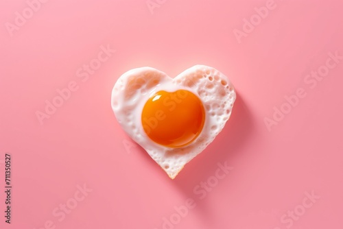 Heart shaped fried egg on pink background. Romantic love breakfast protein food. Generate ai photo