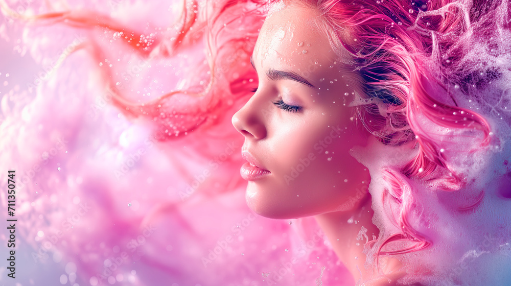 Dreamy woman with vibrant pink hair and sparkling makeup, concept of beauty and fantasy.
