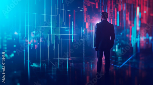Businessman with glowing futuristic stock market graph, concept of global finance and investment. 