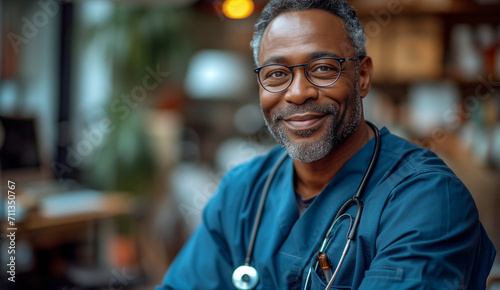 Portrait of adult black man doctor therapist occupation. Happy Labor day. photo