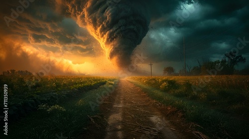 AI-generated illustration of a powerful tornado in a rural area