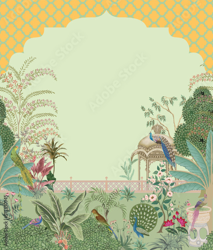 Traditional mughal motif, frame, arch, peacock, flower, garden, forest pattern vector photo