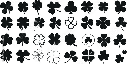 Clover leaf black silhouette vector illustrations. St. Patrick’s Day, nature themes, decorative elements. Various leaf designs, shamrock, four-leaf, three-leaf clovers