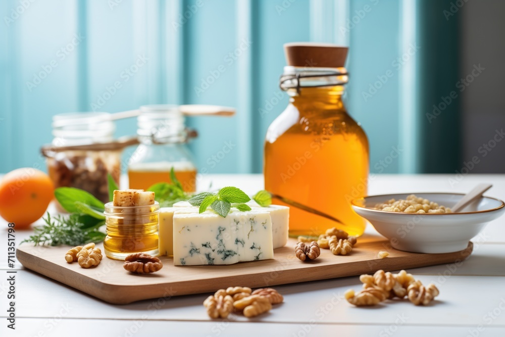 halloumi cheese blocks beside a jar of honey and walnuts halloumi cheese blocks beside a jar of honey and walnuts
