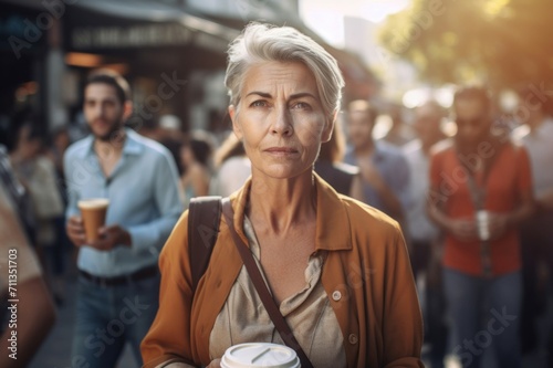 Mature woman drinks coffee on populous urban boulevard. Female walker portrait with hot beverage. Generate ai photo