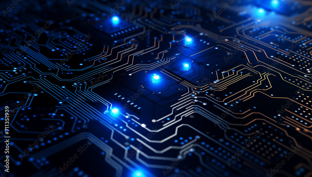 a circuit board with blue lights, in the style of graphic design poster art, symbolic a circuit board with blue lights, in the style of graphic design poster art, symbolic