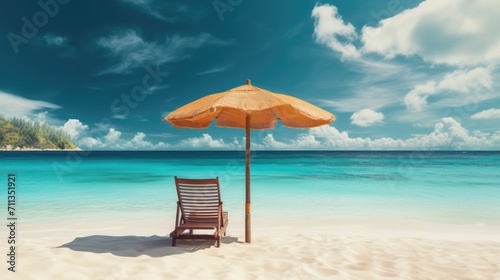 Solitary beach chair and umbrella on serene tropical shore. Relaxation and travel.