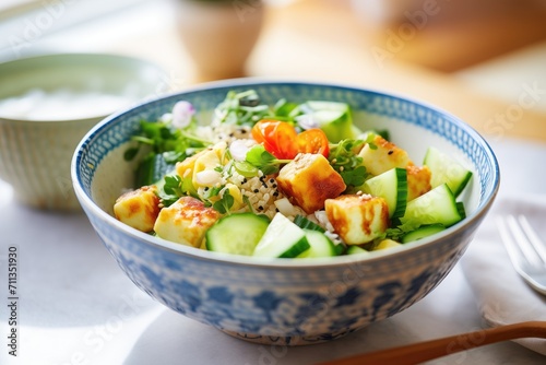 diced halloumi in a salad bowl with quinoa and cucumbers photo