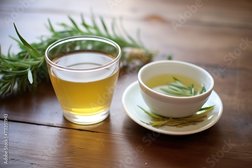 stevia leaves next to sweetened herbal tea in clear cup