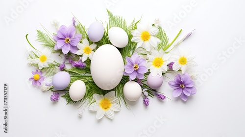 Flat Lay Background Fancy Handmade Eggs in straw nest and spring flower. Easter Concept