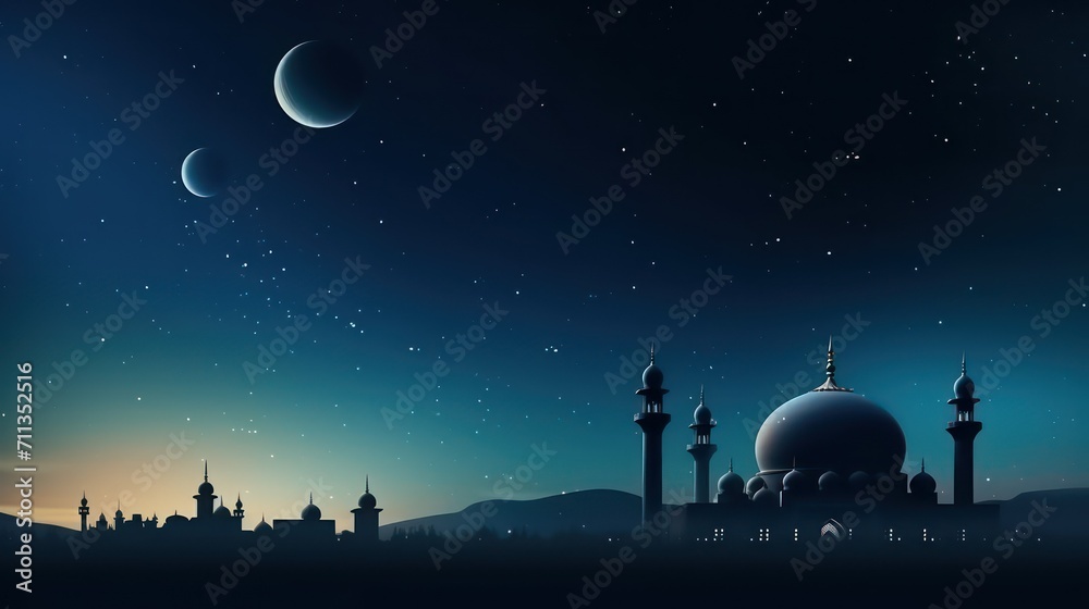 moon with mosque at night illustration islamic background