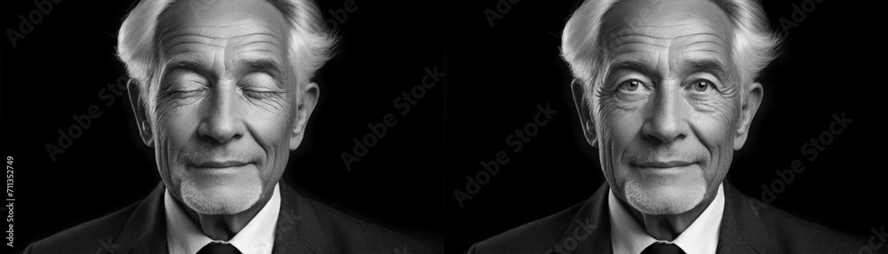 double portrait of an 60 years old man with open and closed eyes, black and white, studio, generative ai - obrazy, fototapety, plakaty 