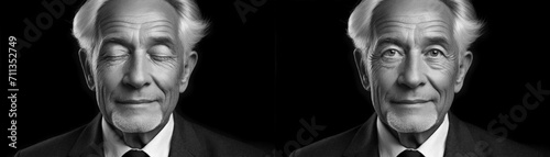 double portrait of an 60 years old man with open and closed eyes, black and white, studio, generative ai photo