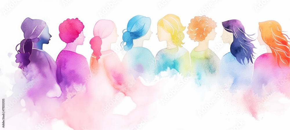 Abstract colorful art watercolor painting depicts International Women's Day, 8 March of different cultures and ethnicities together. concept of gender equality and the female empowerment movement. - obrazy, fototapety, plakaty 