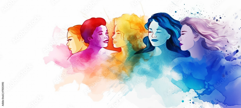 Abstract colorful art watercolor painting depicts International Women's Day, 8 March of different cultures and ethnicities together. concept of gender equality and the female empowerment movement.