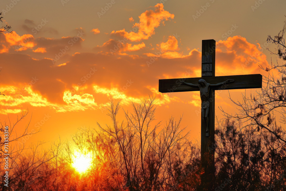 Easter background with holy cross and sunset generative ai 