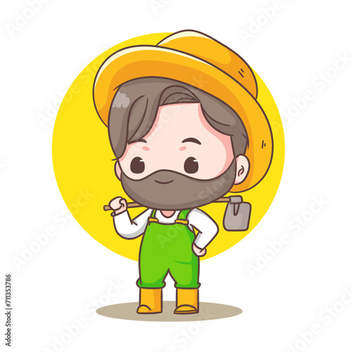 Cute farmer holding hoe cartoon vector. Farming and agriculture concept design. Chibi style illustration. Isolated white background. Icon logo mascot
