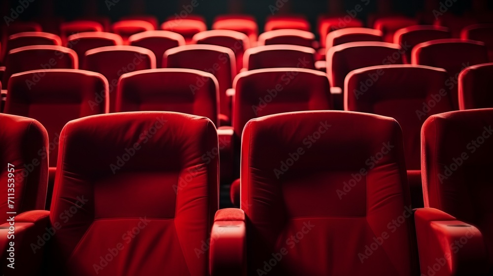 Close-up of rows of empty comfortable red chairs in a cinema, theater.