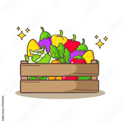 Vegetables in the basket cartoon vector illustration. Fresh organic food from local market. Isolated on white background. 