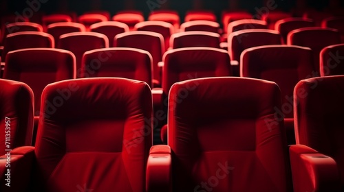 Close-up of rows of empty comfortable red chairs in a cinema, theater.