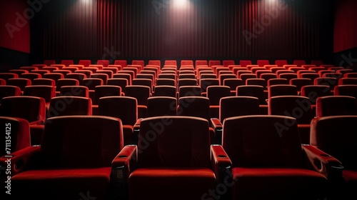 Empty rows of red chairs in a theater or cinema in dim light with lamps. Comfortable chairs, armchairs in the cinema room.