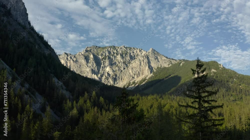 Aerial drone view of a mountain range in Austrian Alps during summer with green forest and scenic clouds in the blue sky Aerial drone view of a mountain range in Austrian Alps during summer with green forest and scenic clouds in the blue sky