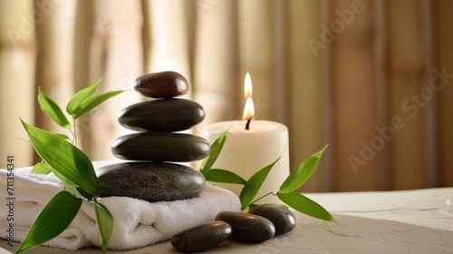 Harmonious SPA composition of balanced stones, towels, green leaves, and accessories for body treatments. Wellness and relaxation