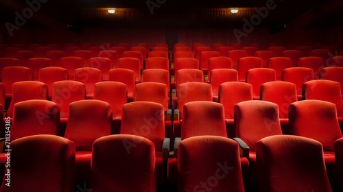 Empty rows of red chairs in a theater or cinema on a dark background. Comfortable chairs, armchairs in the cinema room.