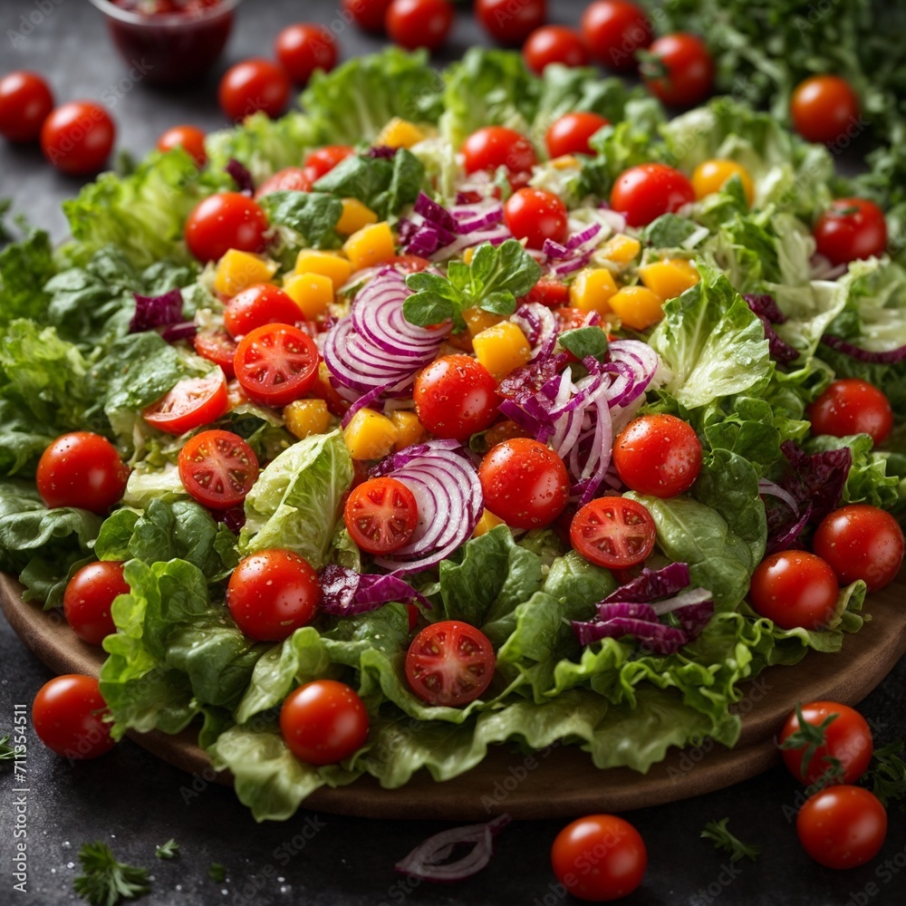 Healthy vegetable salad of fresh tomato, cucumber, onion, spinach, lettuce on plate. AI Generated. Healthy vegetable salad of fresh tomato, cucumber, onion, spinach, lettuce on plate. AI Generated.